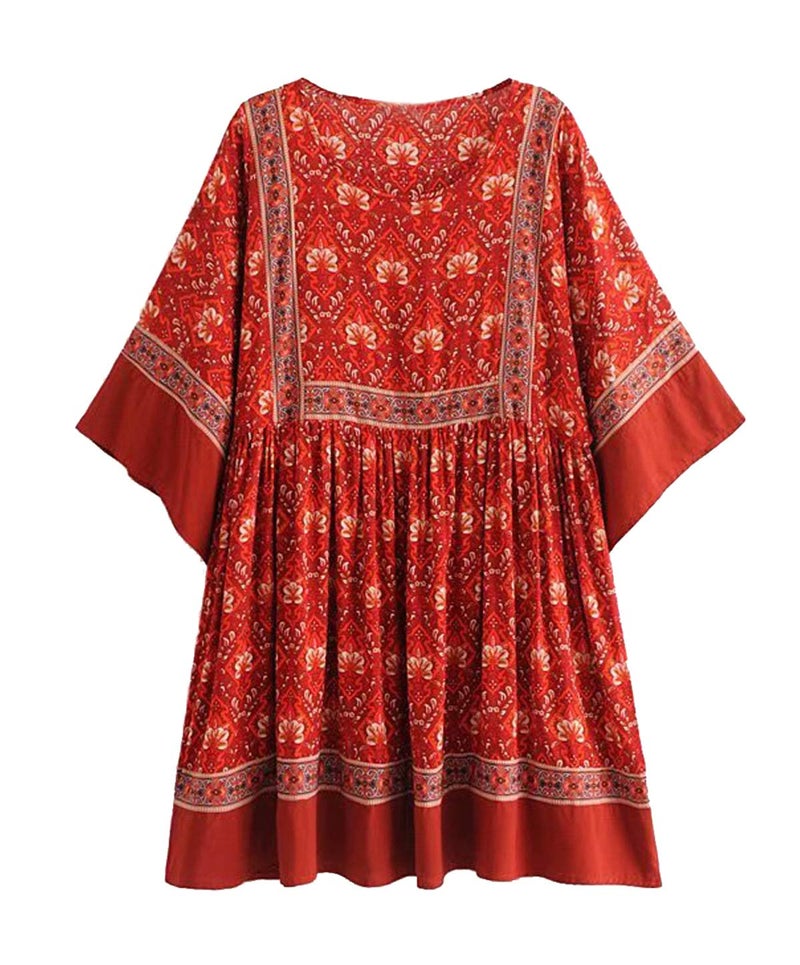 R.Vivimos Women's Summer Cotton Half Sleeve Casual Loose Bohemian Floral Tunic Dresses (XL, Red) - Image 1